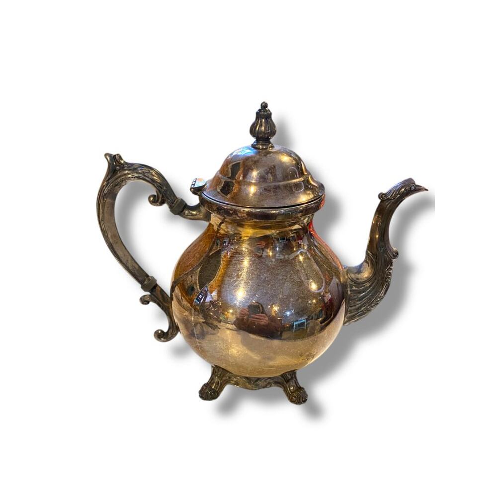 Vintage FB Rogers Silverplate Teapot 9.5"h Hinged Lid Footed Ornate Lady Margare